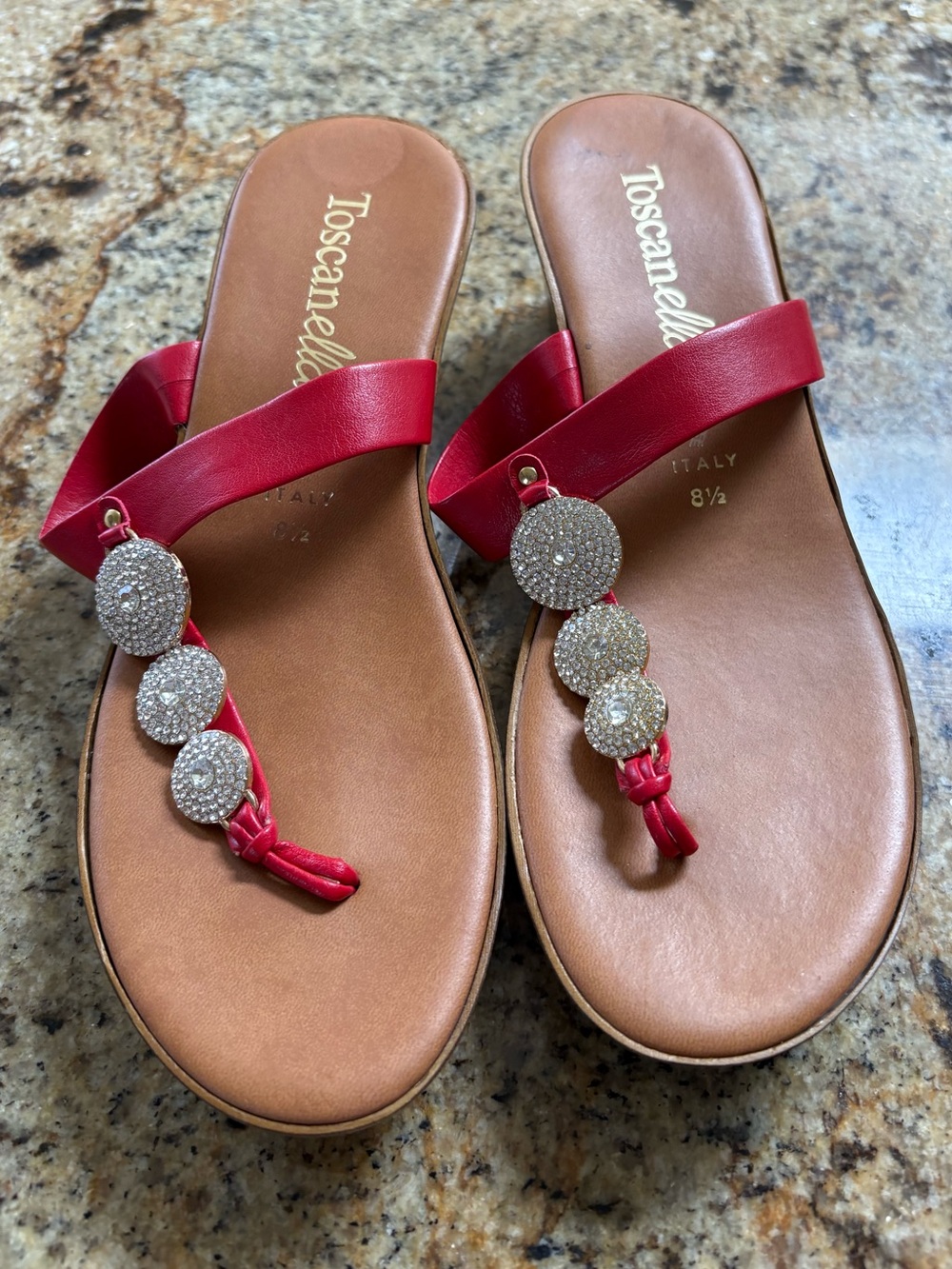 Toscanella | Rhinestone embellished leather wedge sandals. Size 8,5. Italy